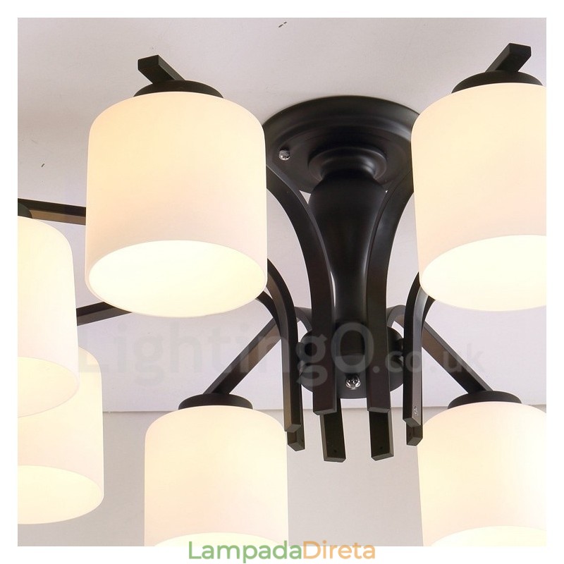 Lustre de metal integrado Country de 8 luzes com cúpula de vidro