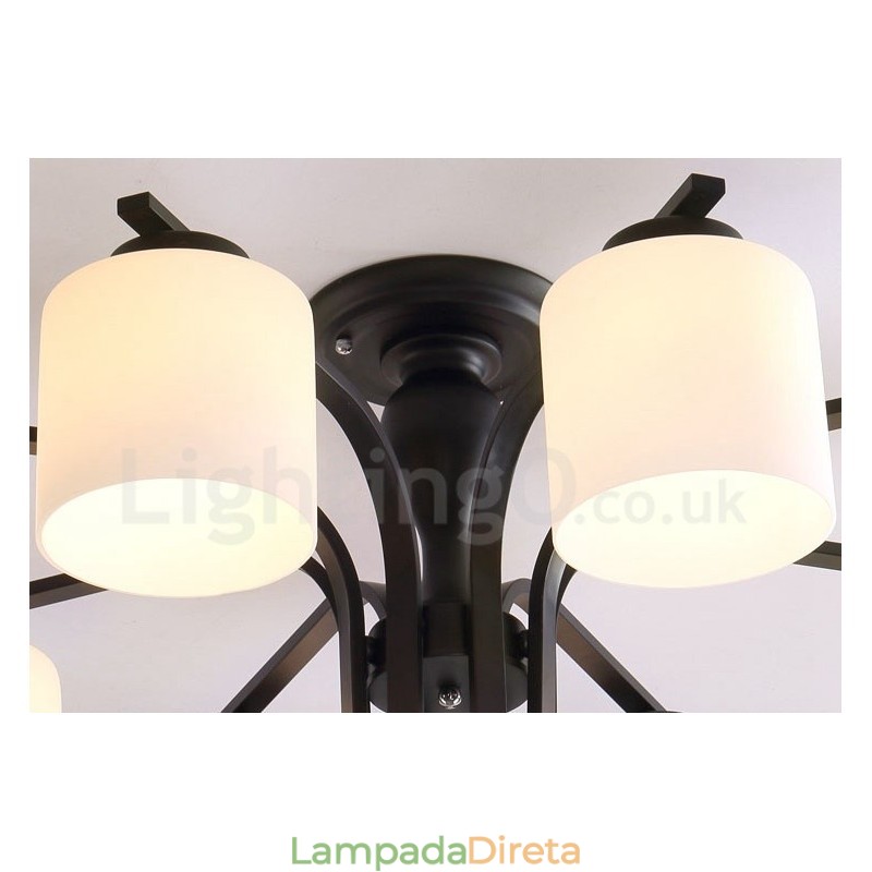 Lustre de metal integrado Country de 8 luzes com cúpula de vidro