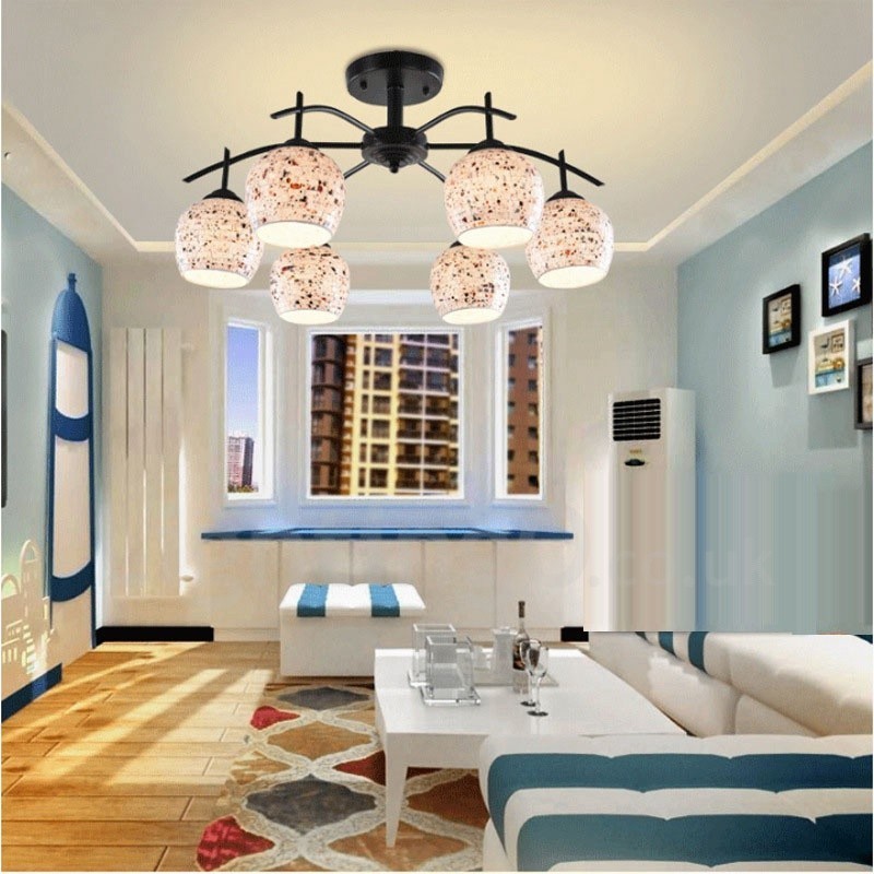 Lustre integrado estilo mediterrâneo de 6 luzes com cúpula de vidro