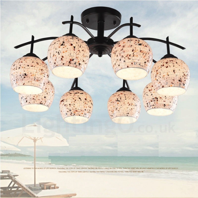 Lustre integrado estilo mediterrâneo de 8 luzes com cúpula de vidro