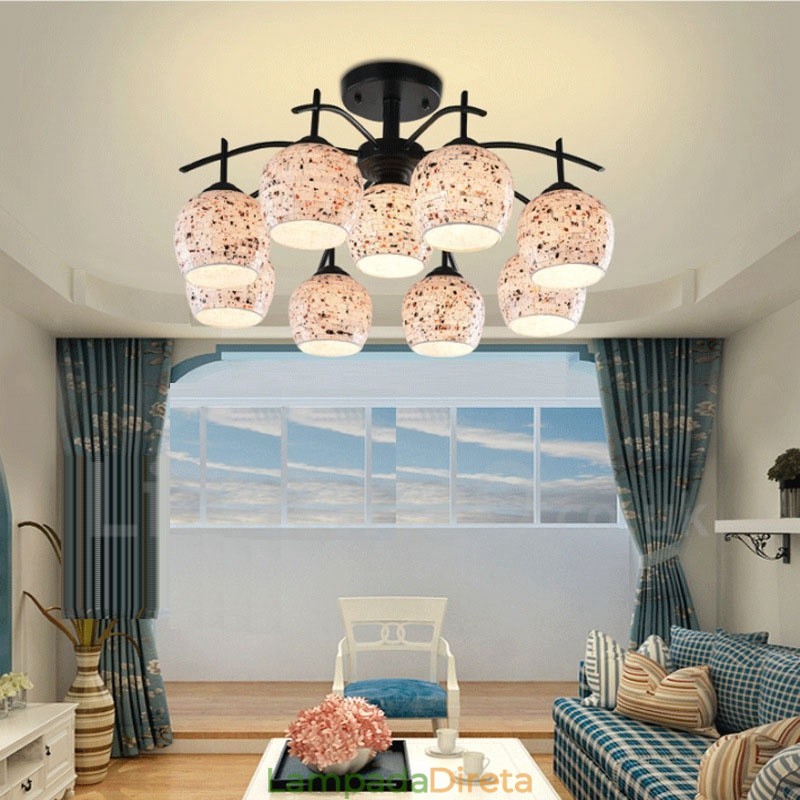 Lustre integrado estilo mediterrâneo de 9 luzes com cúpula de vidro