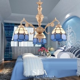 Lustre de metal integrado estilo mediterrâneo de 3 luzes com cúpula de vidro
