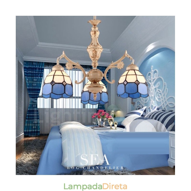 Lustre de metal integrado estilo mediterrâneo de 3 luzes com cúpula de vidro