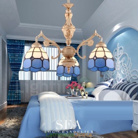 Lustre de metal integrado estilo mediterrâneo de 3 luzes com cúpula de vidro Lustre de metal integrado estilo mediterrâneo de 3 luzes com cúpula de vidro