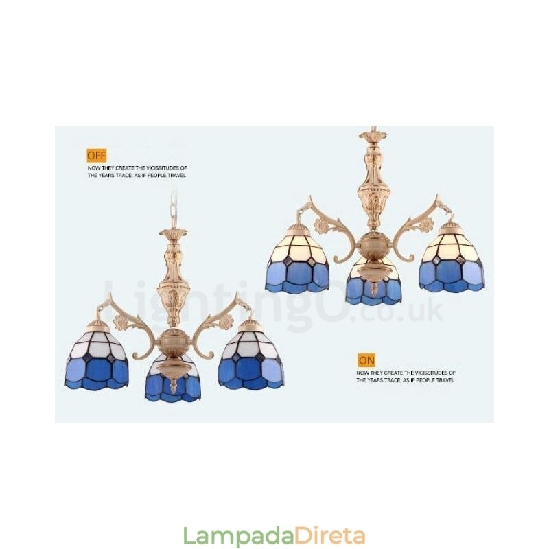 Lustre de metal integrado estilo mediterrâneo de 3 luzes com cúpula de vidro