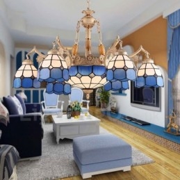 Lustre de metal integrado estilo mediterrâneo de 9 luzes com cúpula de vidro
