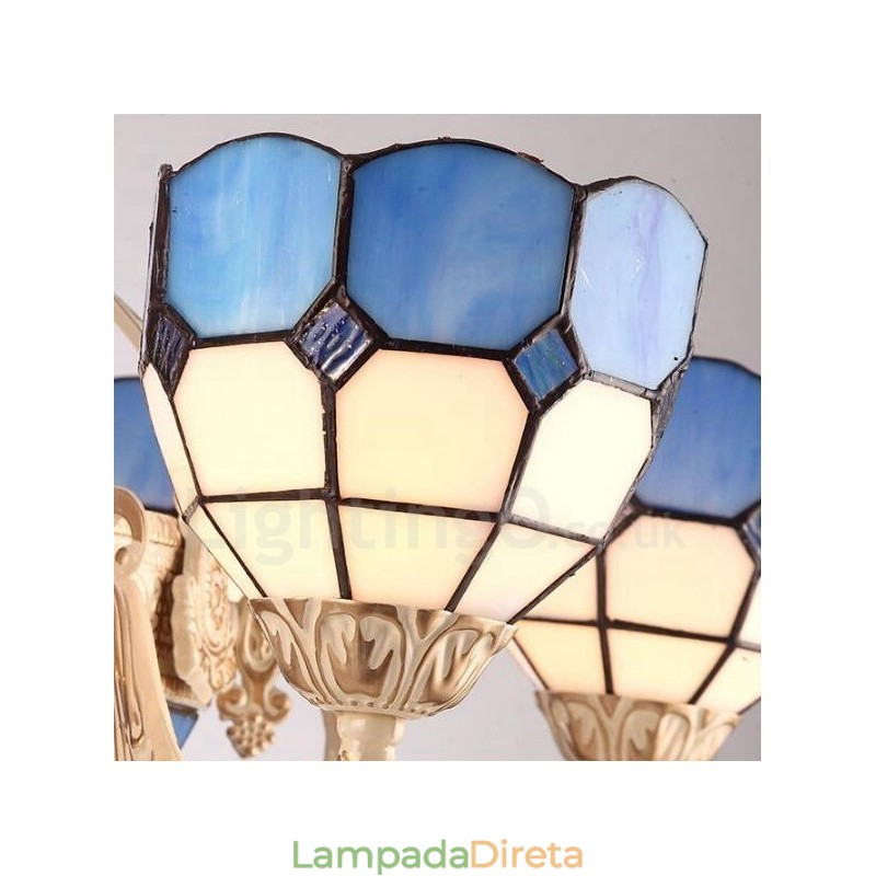 Lustre de metal integrado estilo mediterrâneo de 9 luzes com cúpula de vidro