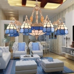 Lustre de metal integrado estilo mediterrâneo de 11 luzes com cúpula de vidro