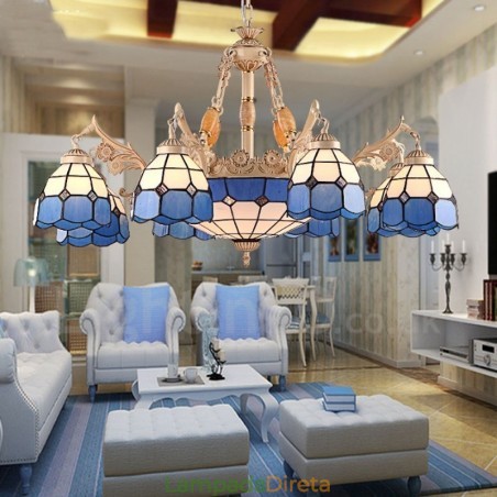 Lustre de metal integrado estilo mediterrâneo de 11 luzes com cúpula de vidro Lustre de metal integrado estilo mediterrâneo de 11 luzes com cúpula de vidro