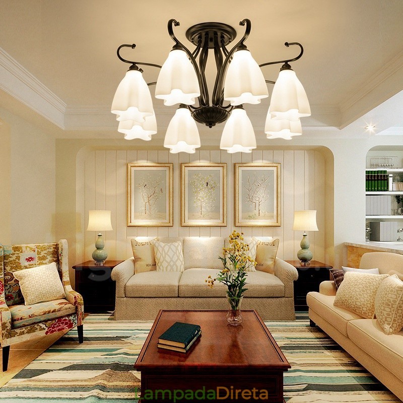 Lustre integrado rústico de 8 luzes