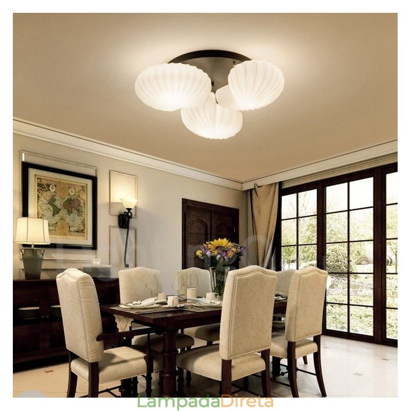 Lustre Integrado Clássico Tradicional de 3 Luzes com Sombra de Vidro