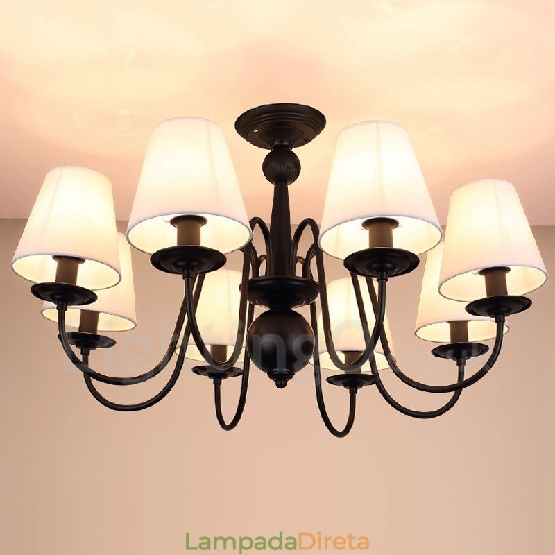 Lustre de metal integrado rústico de 8 luzes com cúpula de tecido