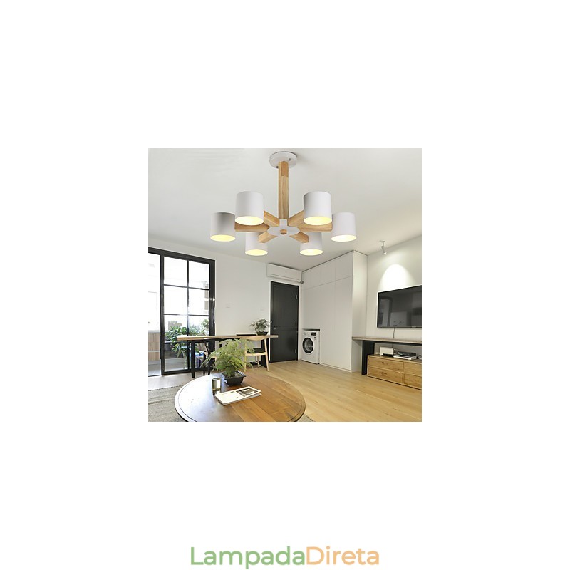 Lustre de 6 luzes moderno contemporâneo tradicional clássico vintage country madeira característica para madeira