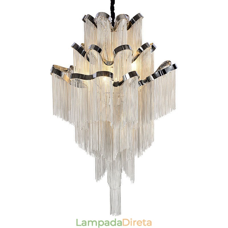 Lustre de alumínio com pingente de designer, cor prata, escada em espiral