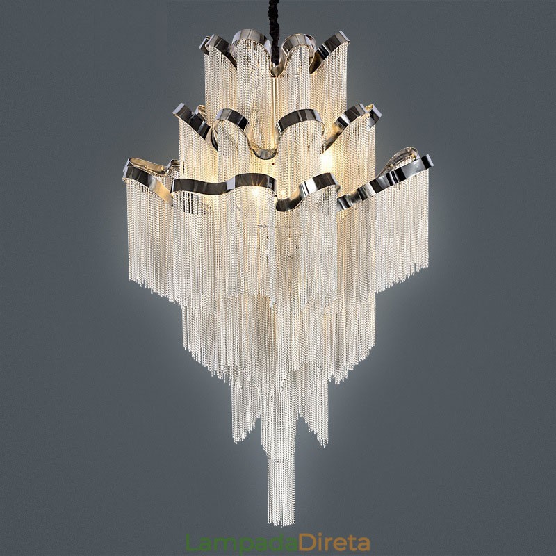 Lustre de alumínio com pingente de designer, cor prata, escada em espiral