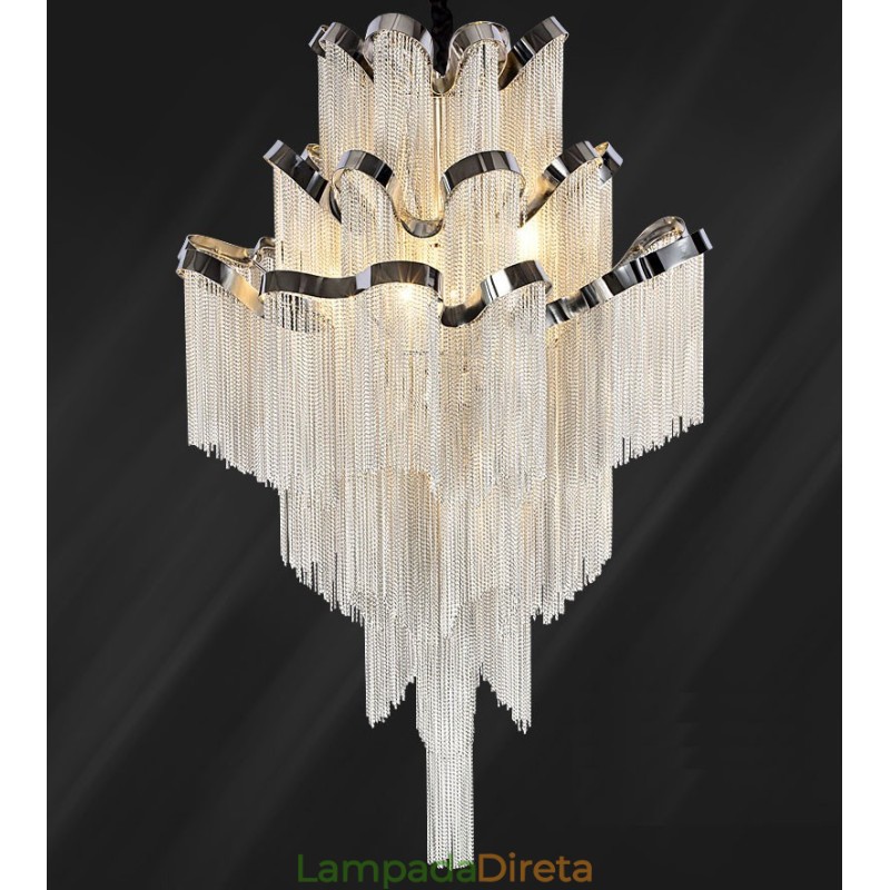 Lustre de alumínio com pingente de designer, cor prata, escada em espiral