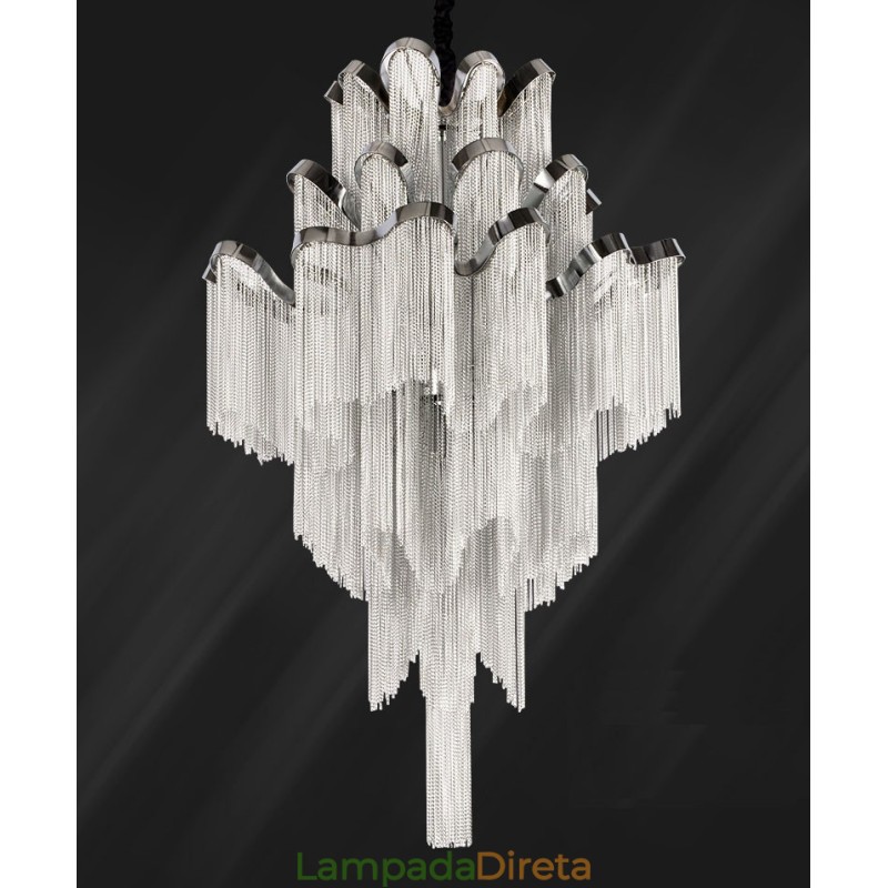 Lustre de alumínio com pingente de designer, cor prata, escada em espiral