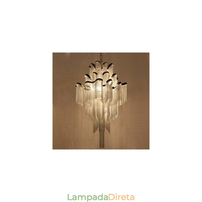 Lustre de alumínio com pingente de designer, cor prata, escada em espiral