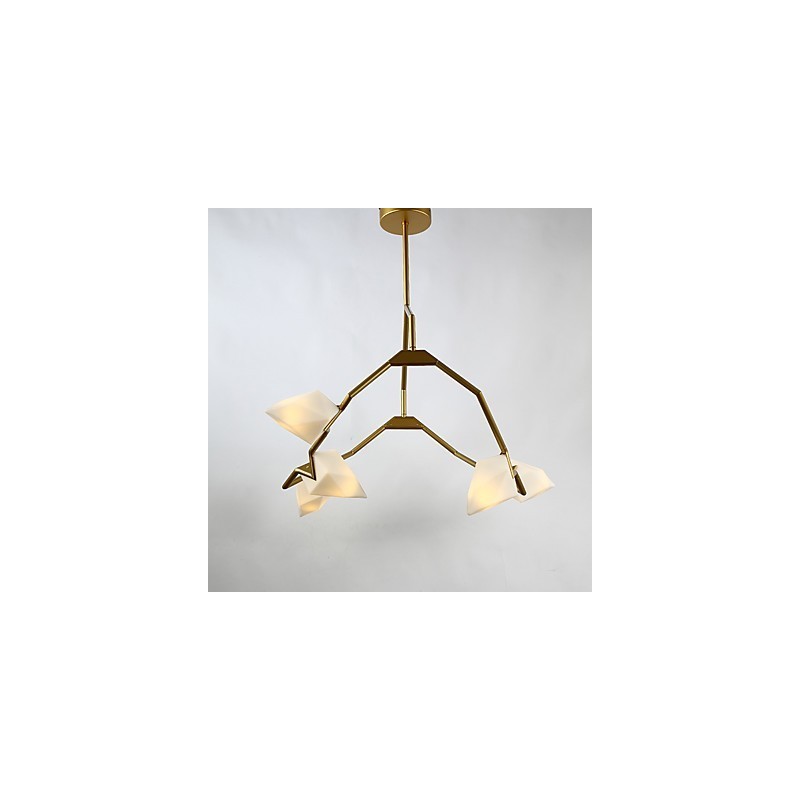 Cinco postes de luz modernos de metal com lustre de vidro pêssego, luminária pendente para decoração de cantina