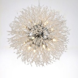 Lustre de metal com cristal e detalhes cromados em formato de dente-de-leão, globo de fogos de artifício