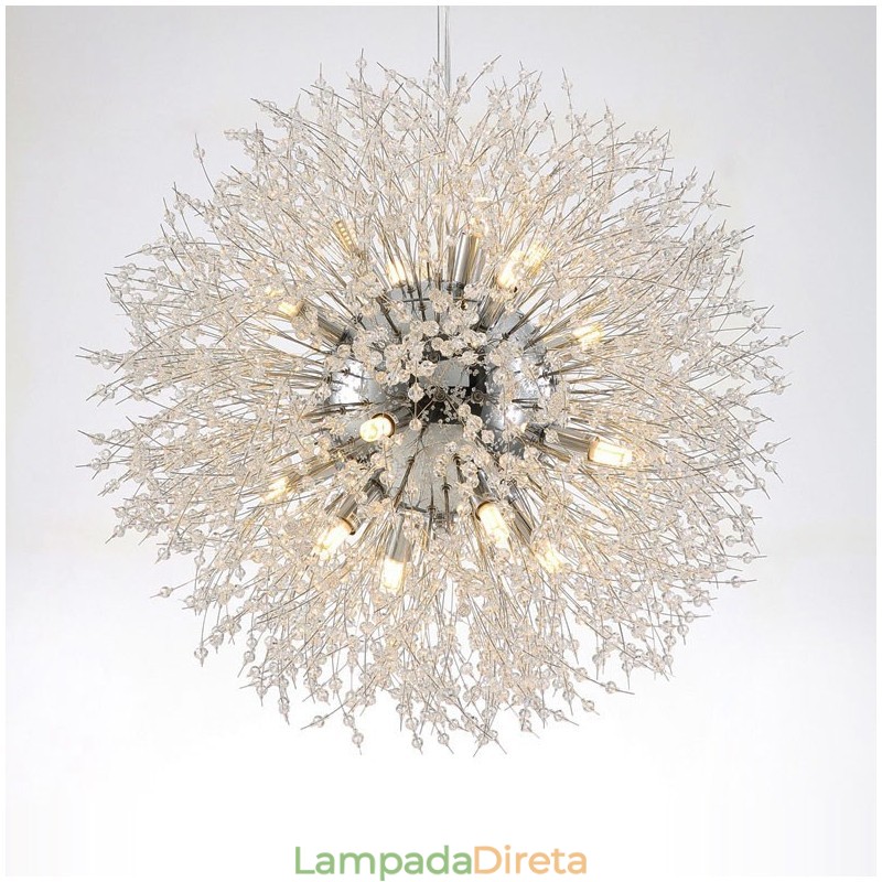 Lustre de metal com cristal e detalhes cromados em formato de dente-de-leão, globo de fogos de artifício