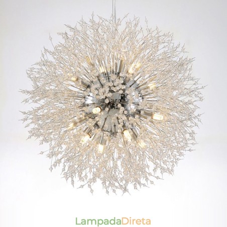 Lustre de metal com cristal e detalhes cromados em formato de dente-de-leão, globo de fogos de artifício Lustre de metal com cristal e detalhes cromados em formato de dente-de-leão, globo de fogos de artifício