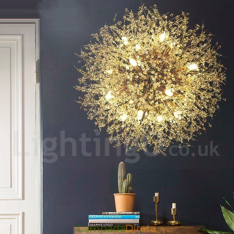 Lustre de metal com cristal e detalhes cromados em formato de dente-de-leão, globo de fogos de artifício