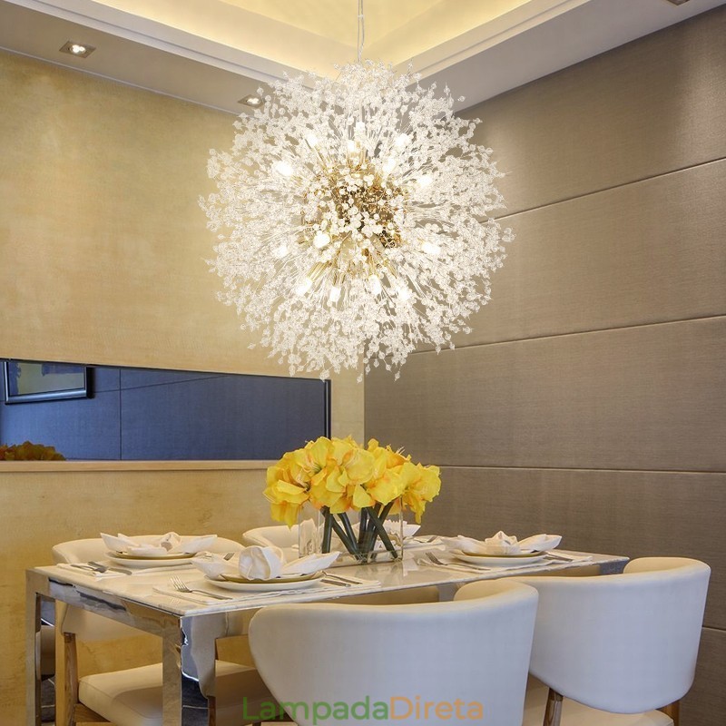 Lustre de metal com cristal e detalhes cromados em formato de dente-de-leão, globo de fogos de artifício