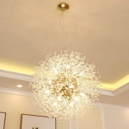 Lustre de metal com cristal e detalhes cromados em formato de dente-de-leão, globo de fogos de artifício