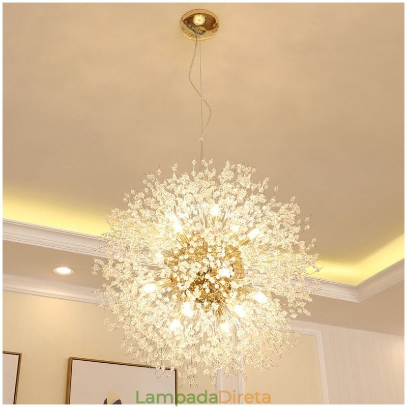 Lustre de metal com cristal e detalhes cromados em formato de dente-de-leão, globo de fogos de artifício