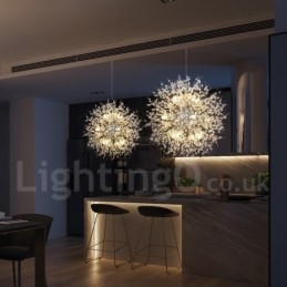 Lustre de metal com cristal e detalhes cromados em formato de dente-de-leão, globo de fogos de artifício