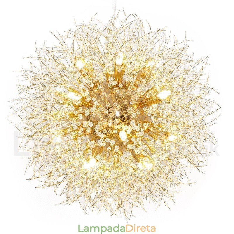 Lustre de metal com cristal e detalhes cromados em formato de dente-de-leão, globo de fogos de artifício