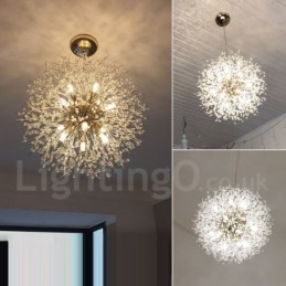 Lustre de metal com cristal e detalhes cromados em formato de dente-de-leão, globo de fogos de artifício