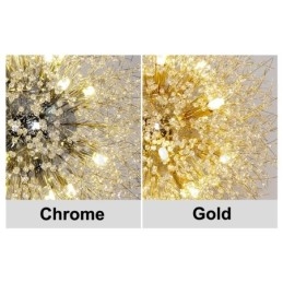 Lustre de metal com cristal e detalhes cromados em formato de dente-de-leão, globo de fogos de artifício