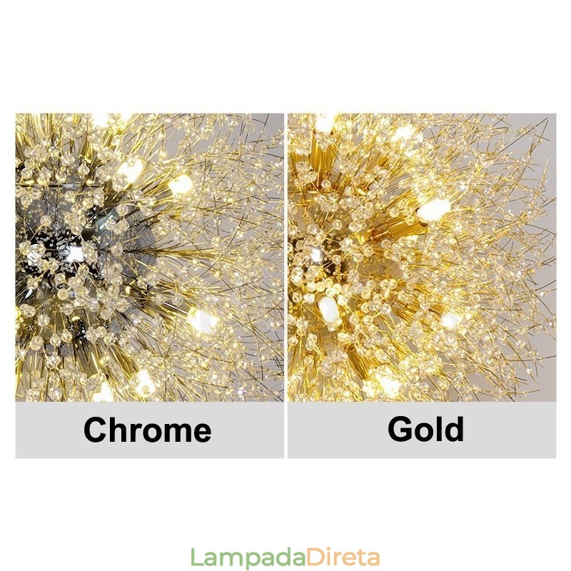 Lustre de metal com cristal e detalhes cromados em formato de dente-de-leão, globo de fogos de artifício