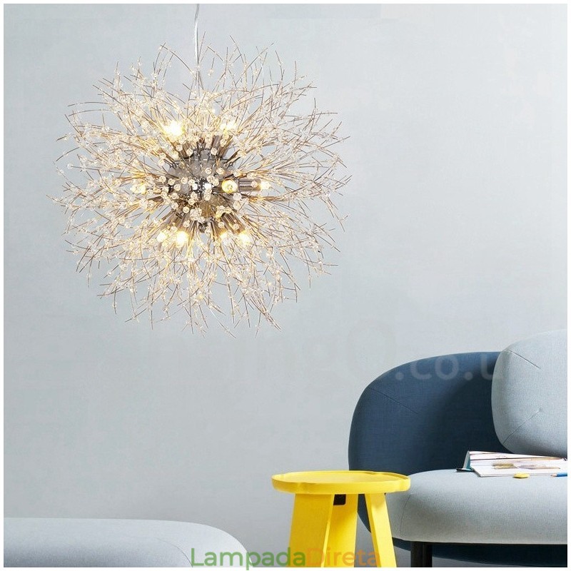 Lustre de metal com cristal e detalhes cromados em formato de dente-de-leão, globo de fogos de artifício