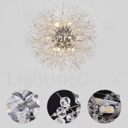 Lustre de metal com cristal e detalhes cromados em formato de dente-de-leão, globo de fogos de artifício