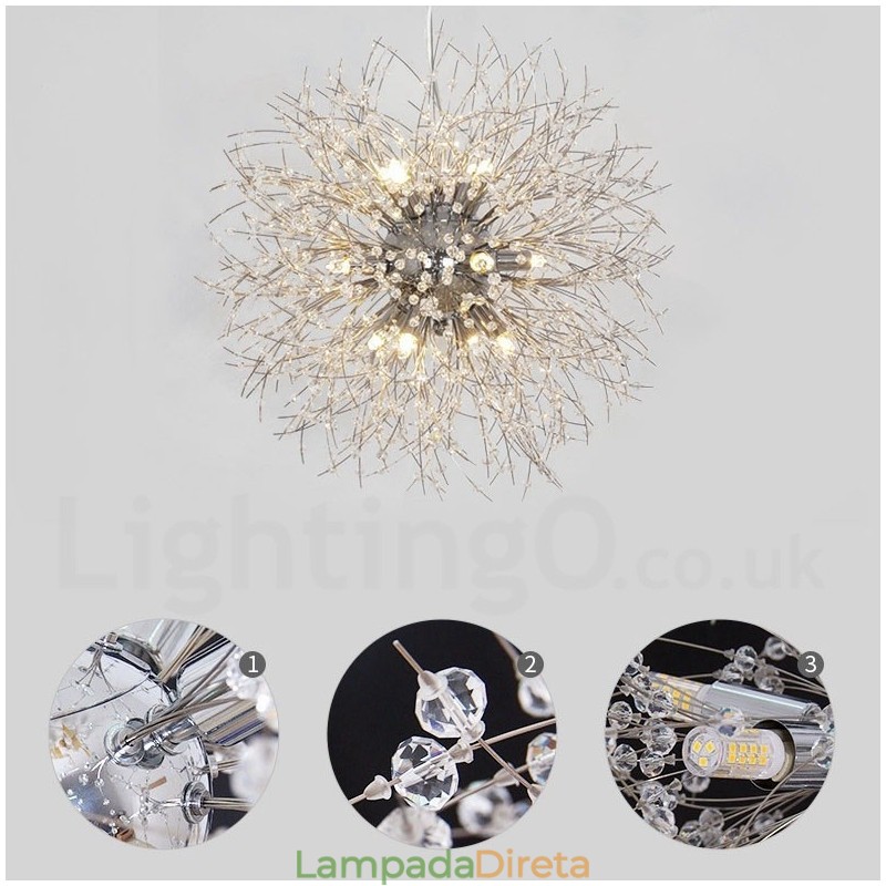 Lustre de metal com cristal e detalhes cromados em formato de dente-de-leão, globo de fogos de artifício