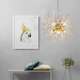 Lustre de metal com cristal e detalhes cromados em formato de dente-de-leão, globo de fogos de artifício