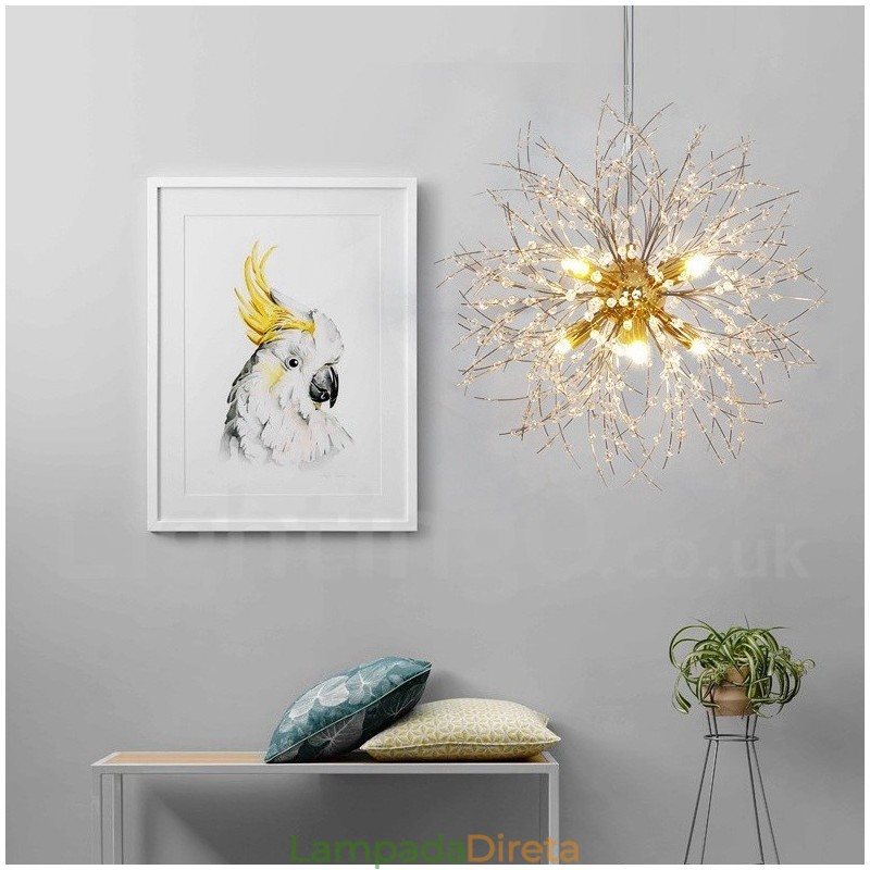 Lustre de metal com cristal e detalhes cromados em formato de dente-de-leão, globo de fogos de artifício