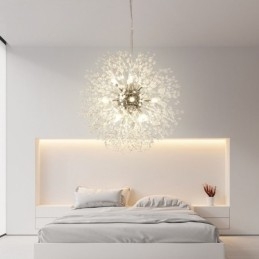 Lustre de metal com cristal e detalhes cromados em formato de dente-de-leão, globo de fogos de artifício