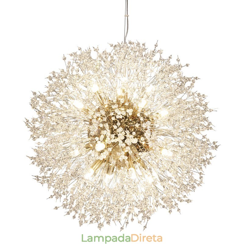 Lustre de metal com cristal e detalhes cromados em formato de dente-de-leão, globo de fogos de artifício