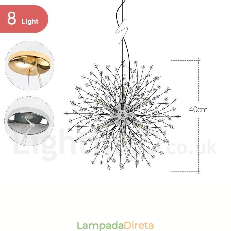 Lustre de metal com cristal e detalhes cromados em formato de dente-de-leão, globo de fogos de artifício