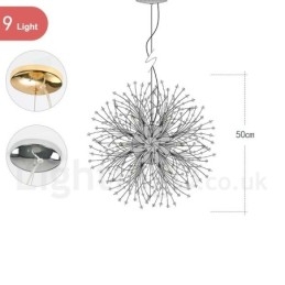 Lustre de metal com cristal e detalhes cromados em formato de dente-de-leão, globo de fogos de artifício