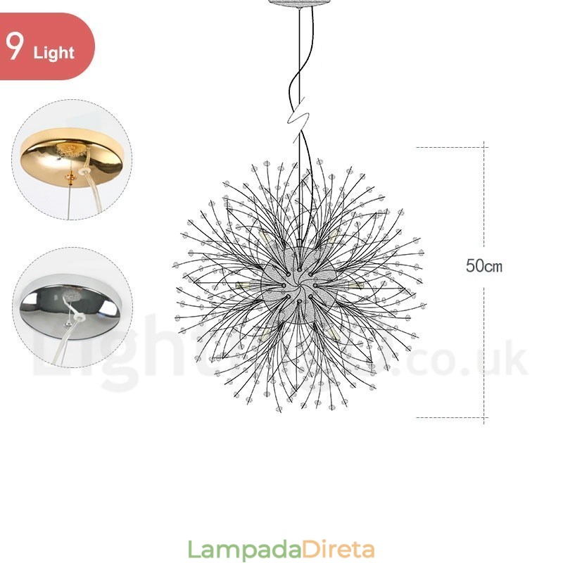Lustre de metal com cristal e detalhes cromados em formato de dente-de-leão, globo de fogos de artifício