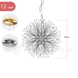 Lustre de metal com cristal e detalhes cromados em formato de dente-de-leão, globo de fogos de artifício