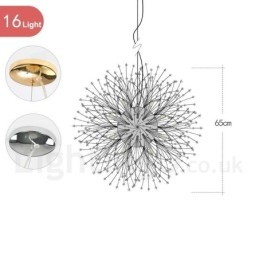 Lustre de metal com cristal e detalhes cromados em formato de dente-de-leão, globo de fogos de artifício