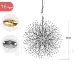Lustre de metal com cristal e detalhes cromados em formato de dente-de-leão, globo de fogos de artifício