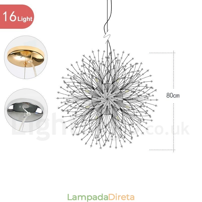 Lustre de metal com cristal e detalhes cromados em formato de dente-de-leão, globo de fogos de artifício