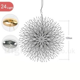 Lustre de metal com cristal e detalhes cromados em formato de dente-de-leão, globo de fogos de artifício